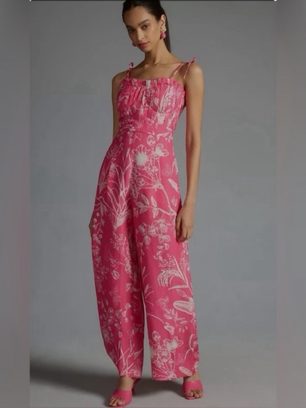 NWT Anthropologie Ranna Gill Jumpsuit Pink Printed Pleated Wide Leg Linen